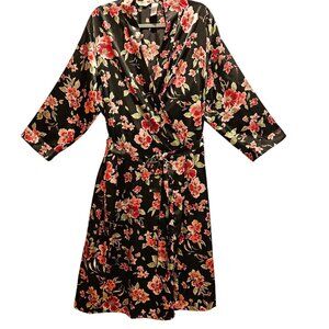 Addona Satin Robe Women XL Floral Black pink red Satin tie sexy hibiscus leisure
